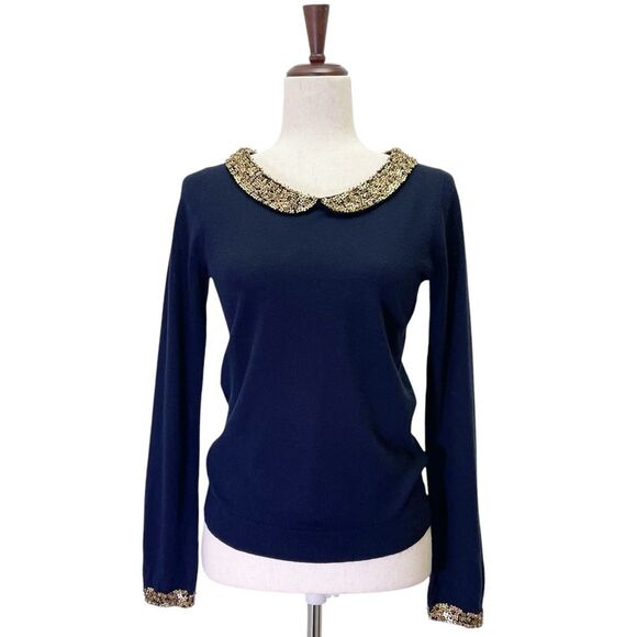 Boden Sequin Peter Pan Collar Wool Sweater Jumper Navy Blue Gold Jumper Size 4 - Picture 1 of 14